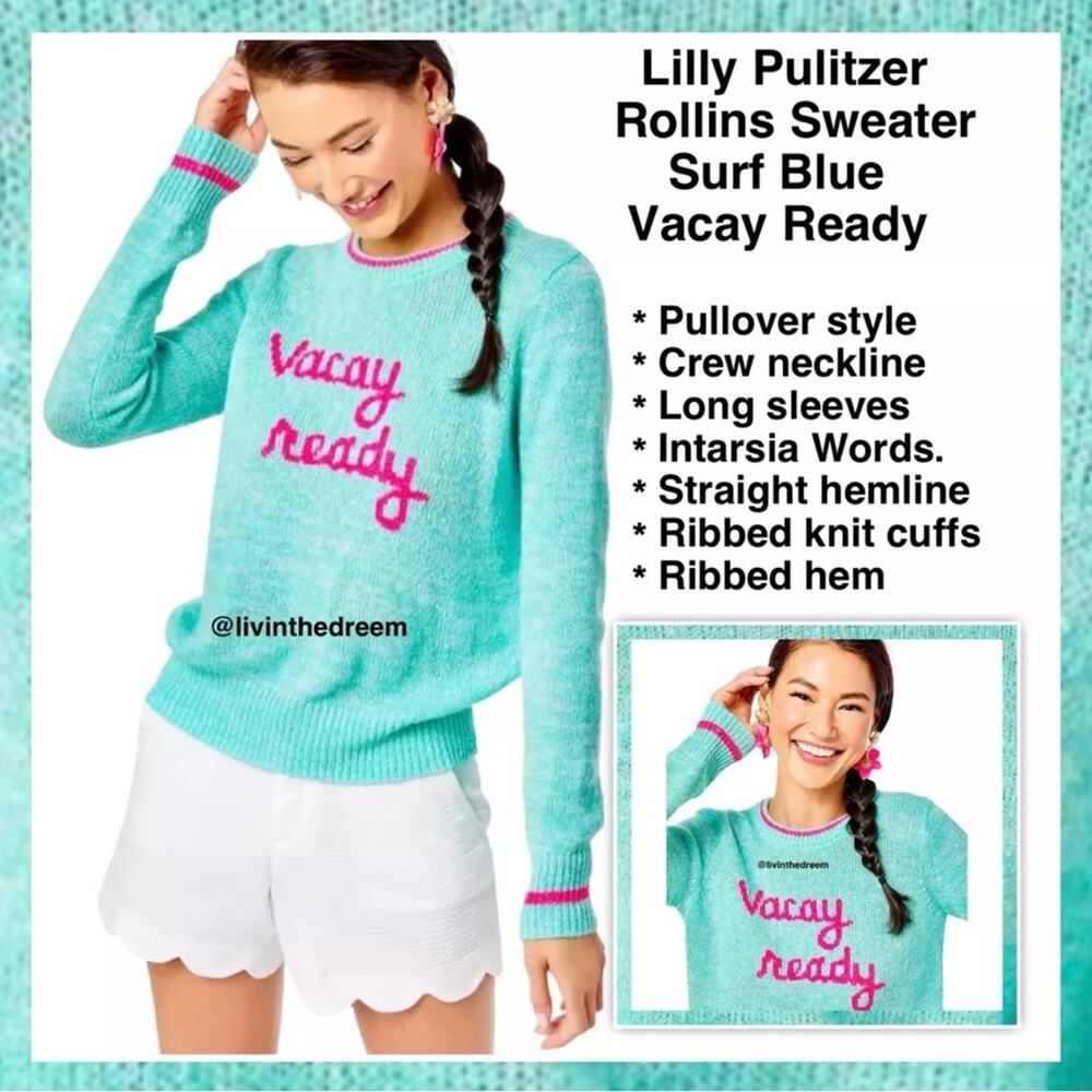#T20 Lilly Pulitzer Rollins Sweater Surf Blue Vacay Ready Intarsia SZ S $148